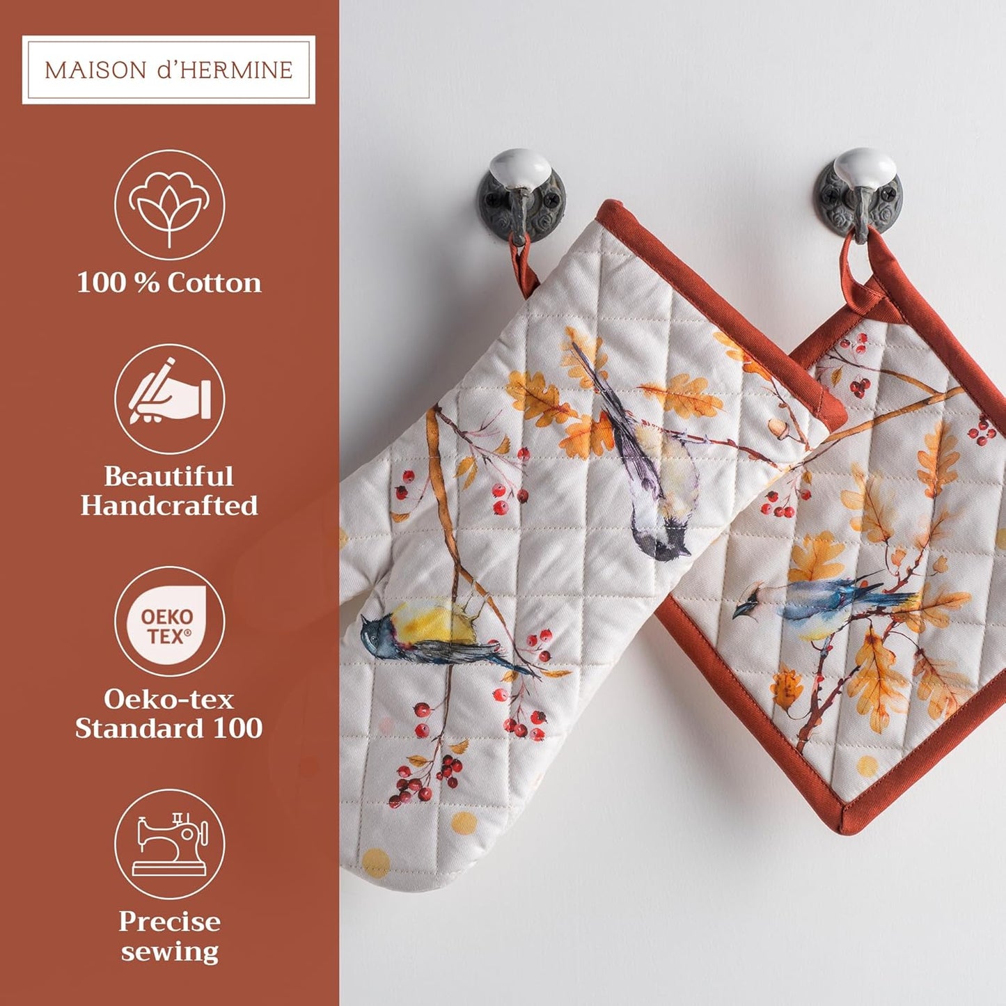 Maison d' Hermine 100% Cotton Oven Mitt & Pot Holder Set (7.5"x13" & 8"x8") Heat Resistant BBQ Cooking Gloves with Loop, Baking, Grilling, Kitchen, Handling Hot Pans (Oak Leaves)