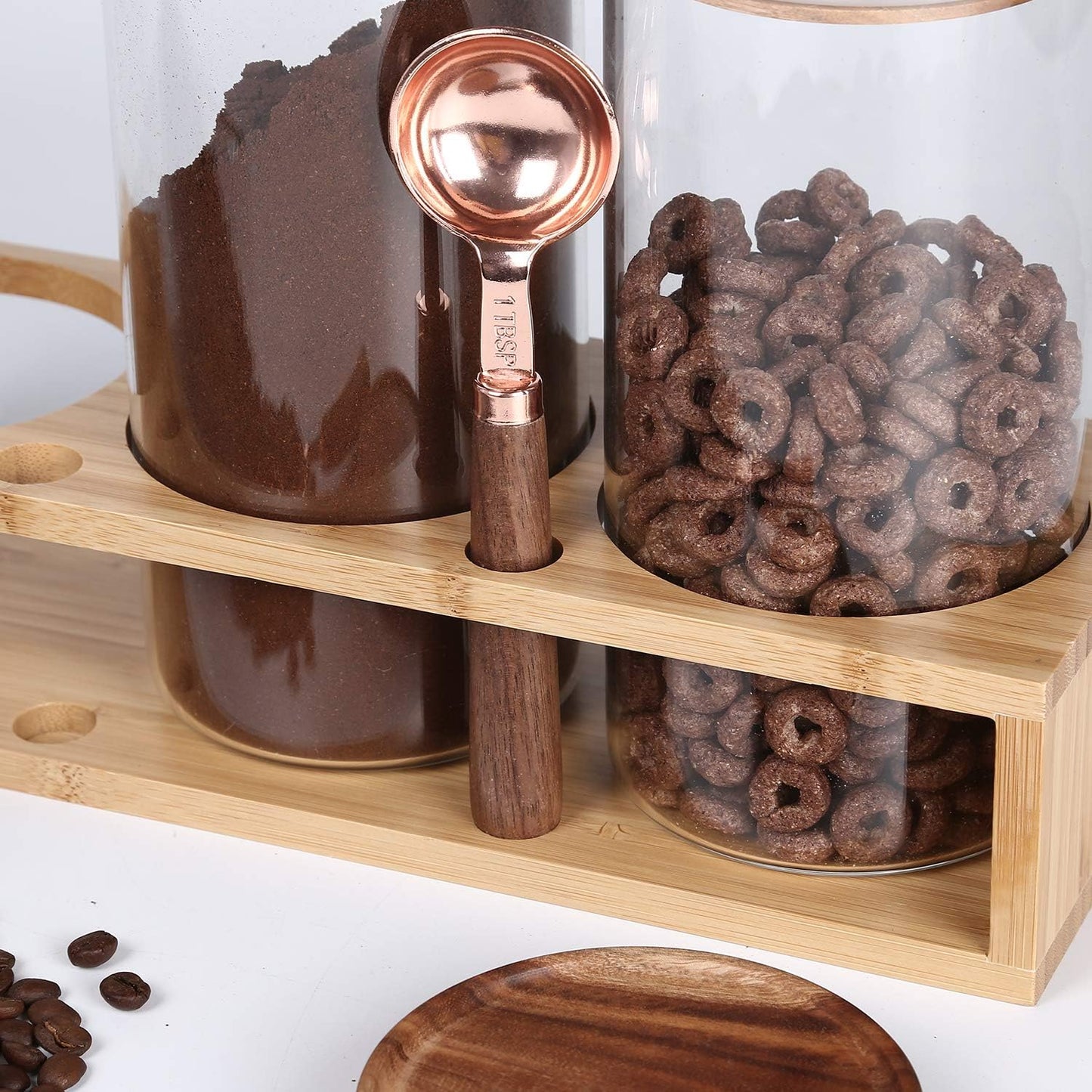 KKC HOME ACCENTS Sealed Glass Food Storage Containers with Airtight Wood Lids and Scoops for Kitchen Counter,Air Tight Sealed Glass Jars for Coffee,Loose Leaf Tea,Brown Sugar,39 Fluid Ounces