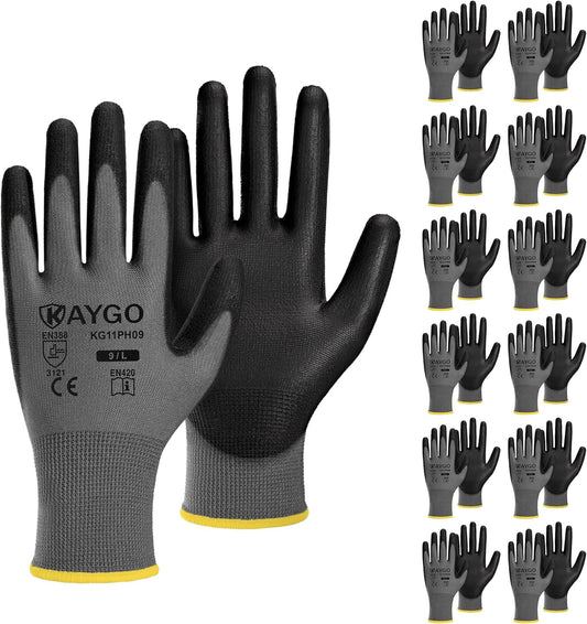 KAYGO Safety Work Gloves PU Coated-12 Pairs KG11PB Seamless Knit Glove with Polyurethane Coated Smooth Grip on Palm & Fingers for Men and Women, Gray,Large
