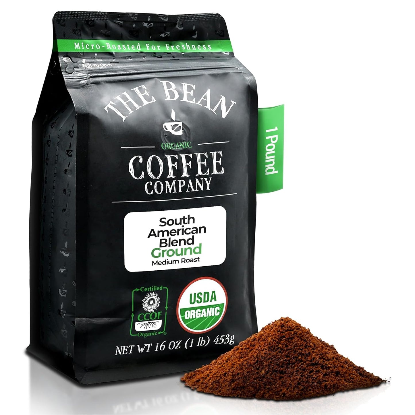 The Bean Organic Coffee Company South America, Medium Roast, Ground Coffee, 16-Ounce Bag,Café molido tostado organico