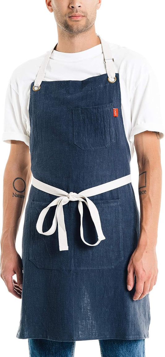 Caldo Linen Kitchen Apron for Cooking- Mens and Womens Linen Bib Apron for Professional Chef, Server, or Barista- Adjustable with Pockets (Navy)