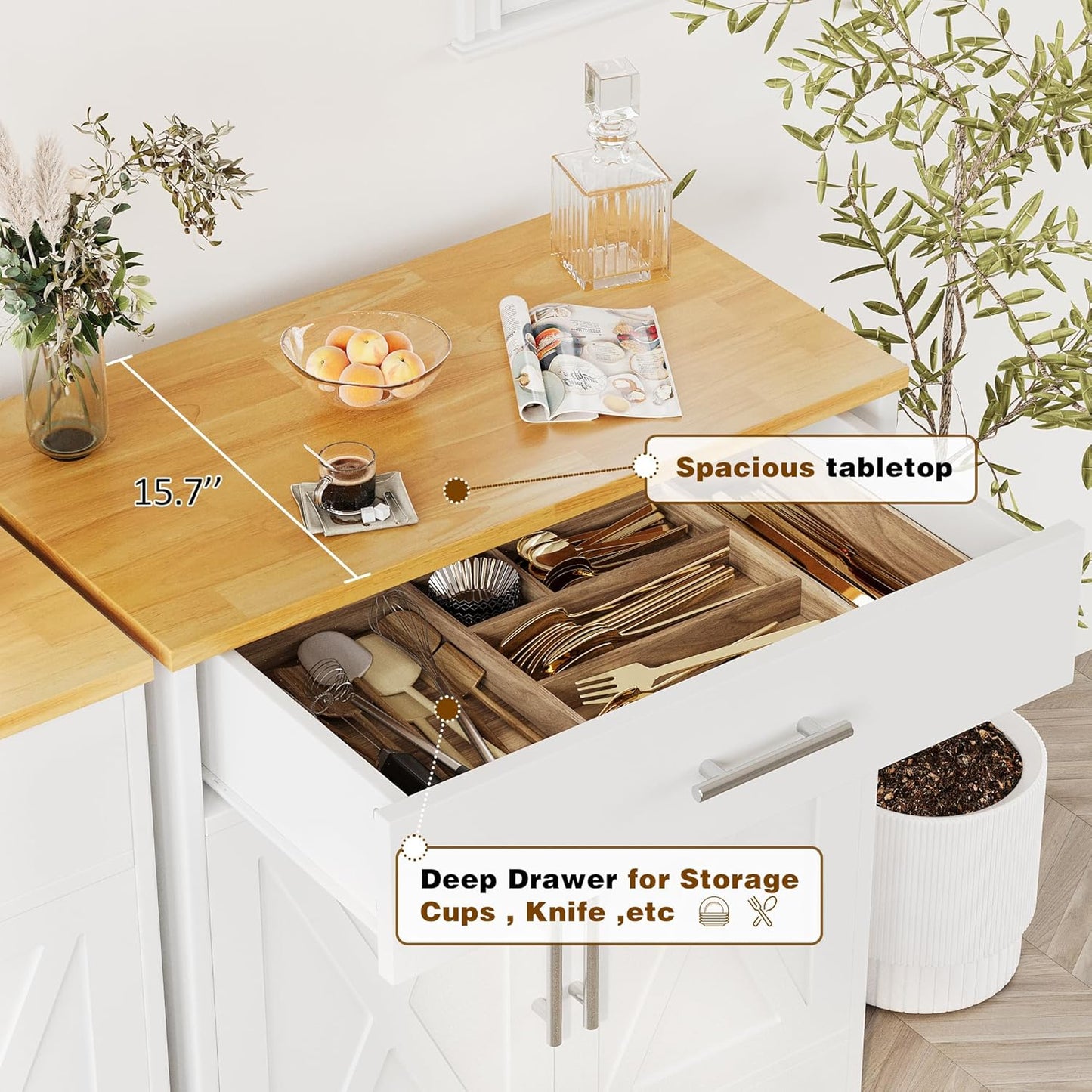 Vongrasig Sideboard Buffet with Storage, Modern Kitchen Storage Cabinet with 1 Drawer and 2 Doors, Wood Coffee Bar Buffet Table for Kitchen, Dining Room, White