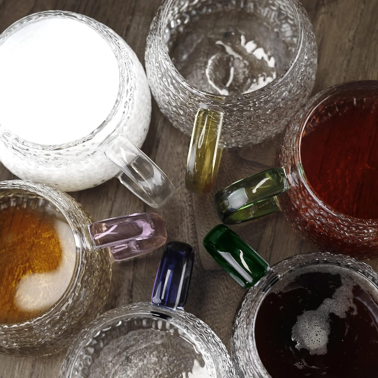 LUXU Hammered Tea Cups,Glass Coffee Mugs,Set of 6 Coffee Cups with Different Color Handles-15 oz,Prefect for Cappuccino,Latte,Water,Mocha,Milk,Widely Used for Cafes,Home and Office