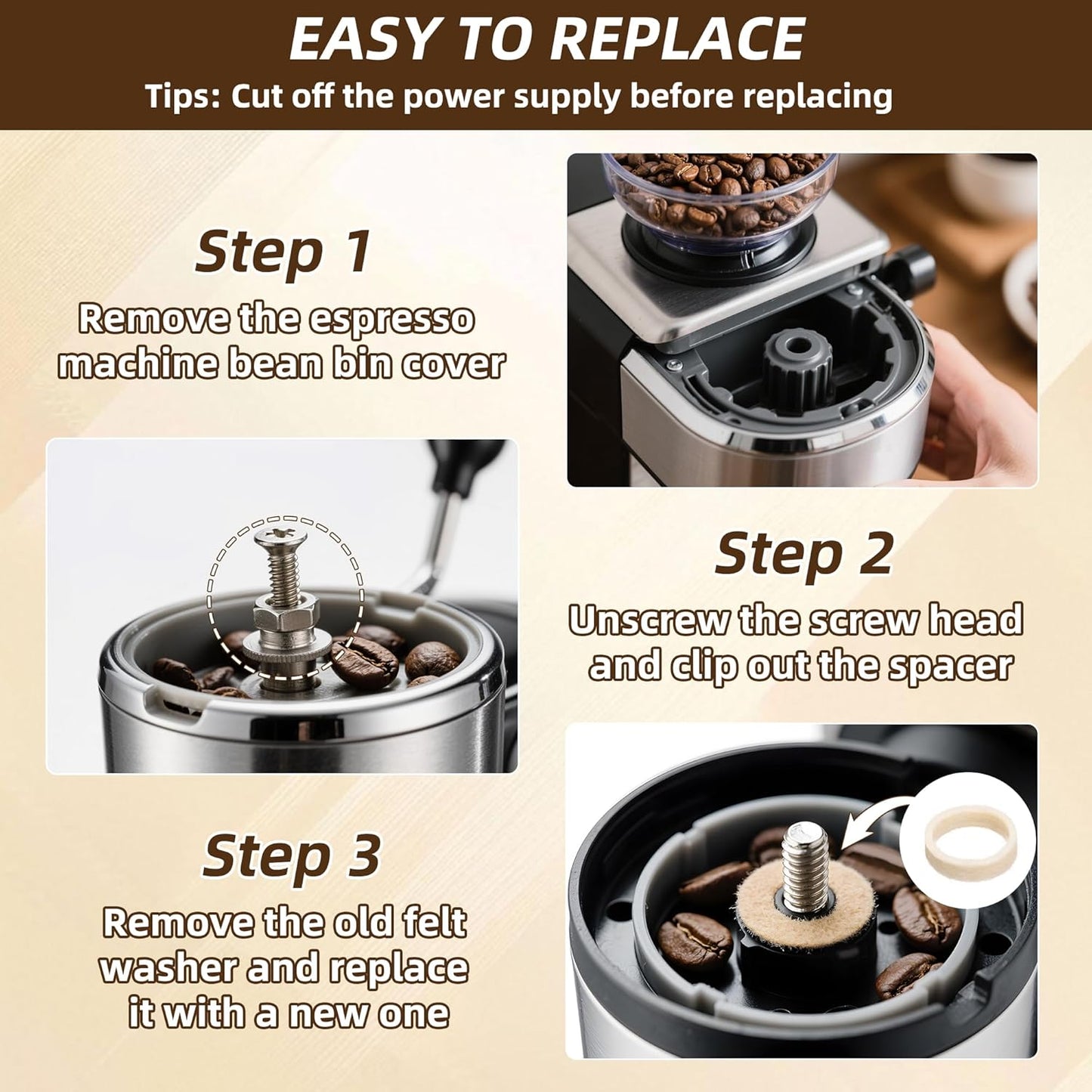 Felt Washer Replacement for Breville Espresso Machine Grinders (6 Pack), Felt Washer Lower Burr Wool Ring Compatible with BES870, BES878, BES880, BES980, BCG820 Accessories