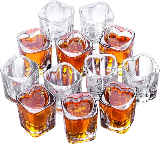 Heavy Base Shot Glasses - Set of 12, Heart & Square Shapes, Ideal for Tequila & Espresso Shots, Bulk Pack