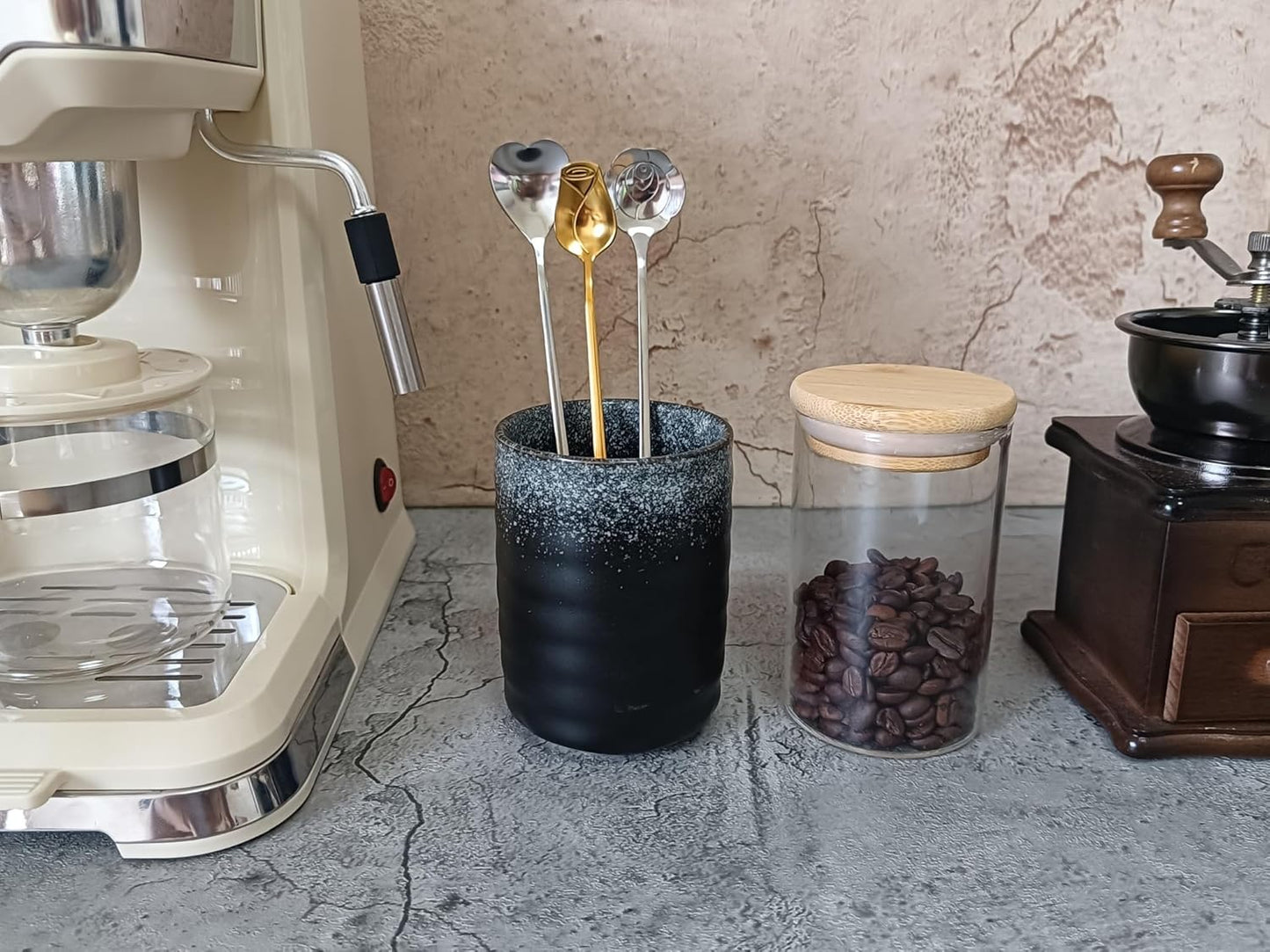 Stoneware Coffee Bar Utensil Holder Tea & Coffee Spoon & Stirrer Holder for Stir Stick Straw Teaspoon Holder Spoon Cup Small Utensil Jar (Snow night)