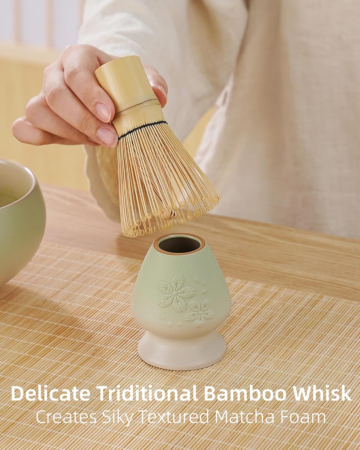 ZENS Matcha Whisk Set, Ceramic Matcha Tea Set with 15oz Sakura Bowl and Bamboo Whisk & Scoop, (Chasen Holder), Stainless Sifter-Tea Towel, 6pcs Matcha Kit for Matcha Lovers, Green
