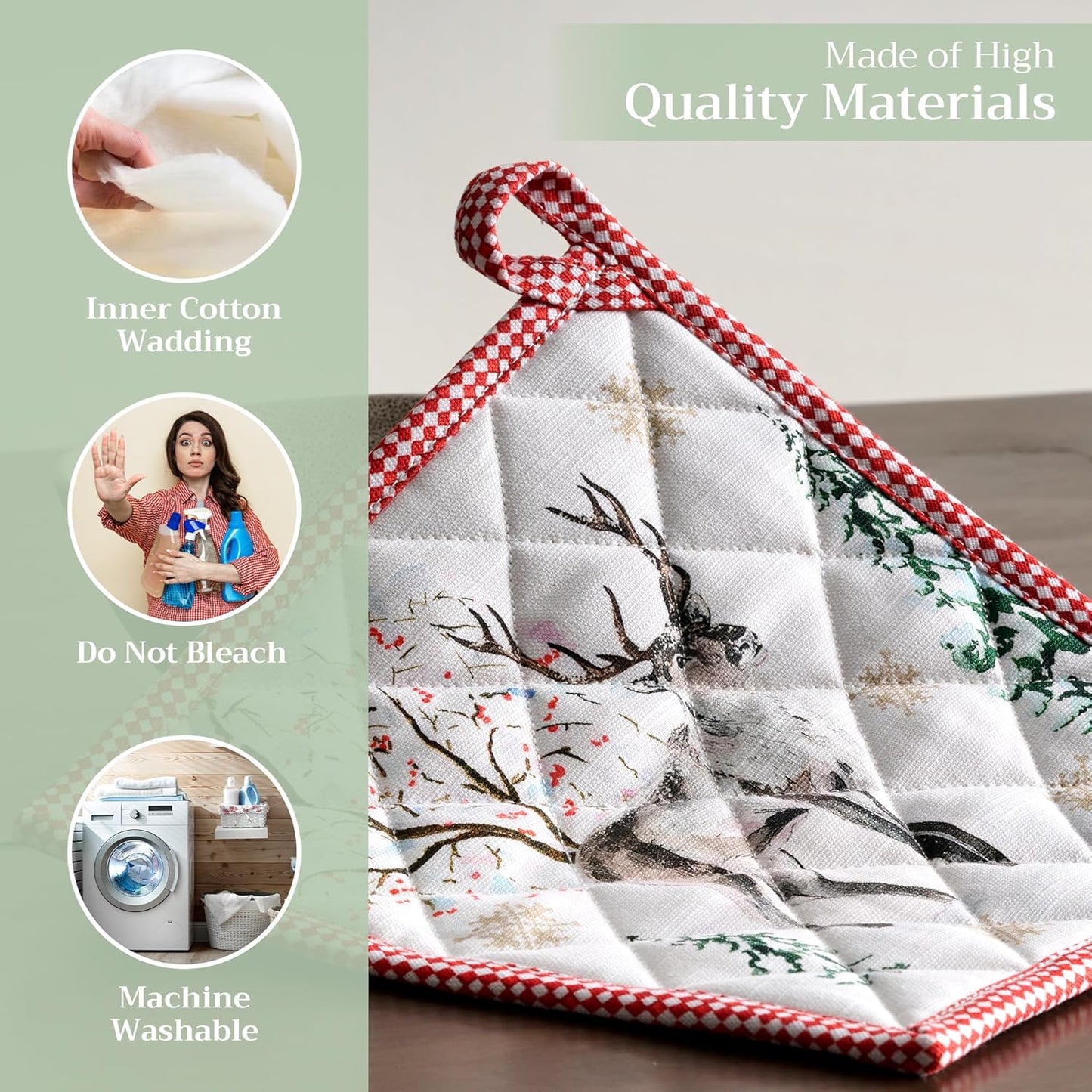 Maison d' Hermine Pot Holders Set 100% Cotton Heat Resistant Potholders 8" x 8" Hot Pads with Loop BBQ, Cooking, Baking, Grilling, Kitchen, Handling Hot Pans (Pack of 2, Rural Christmas)