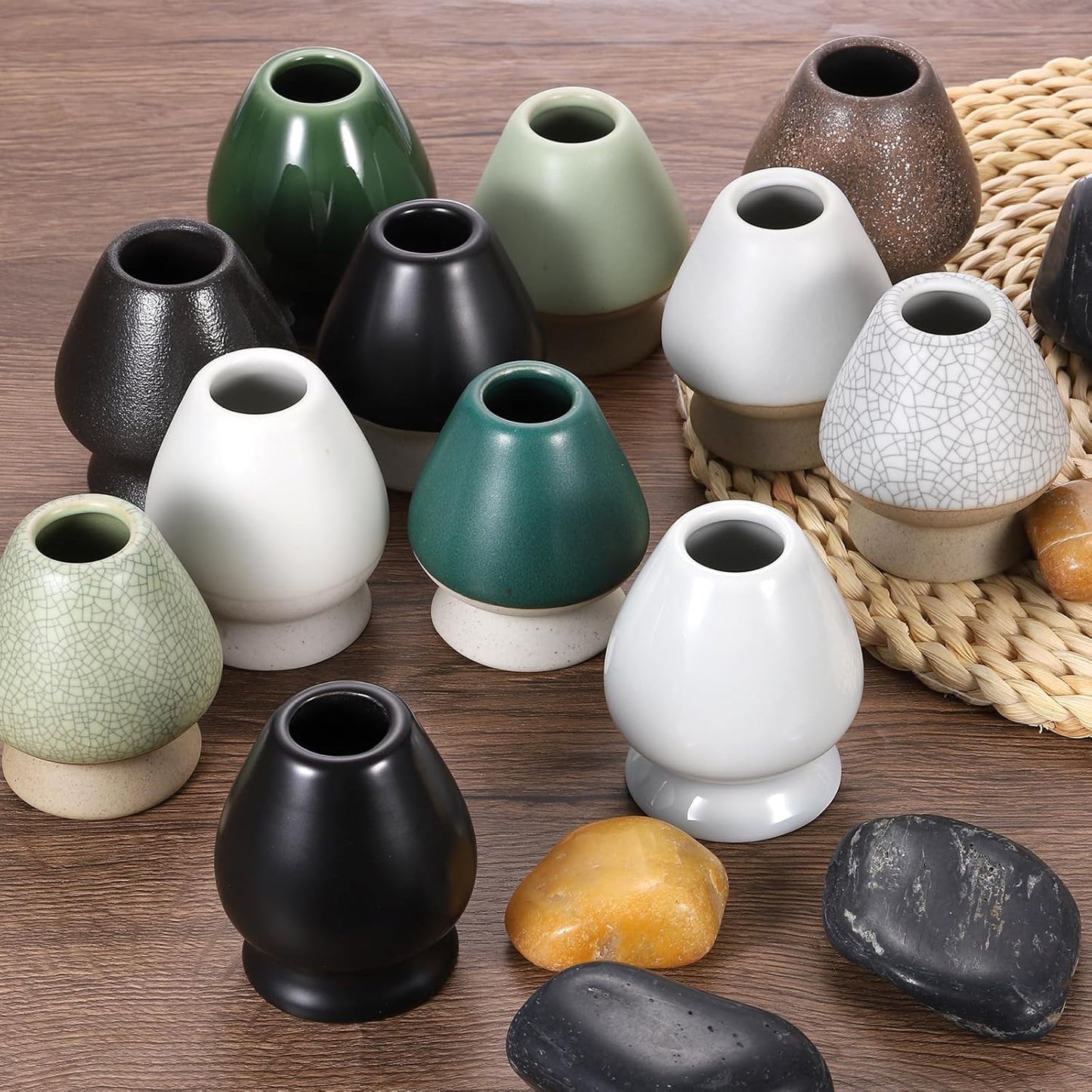 HARFINGTON Ceramic Chasen Stand 66mm Matcha Whisk Holder, Traditional Matcha Tea Chasen Holder, Dark Green