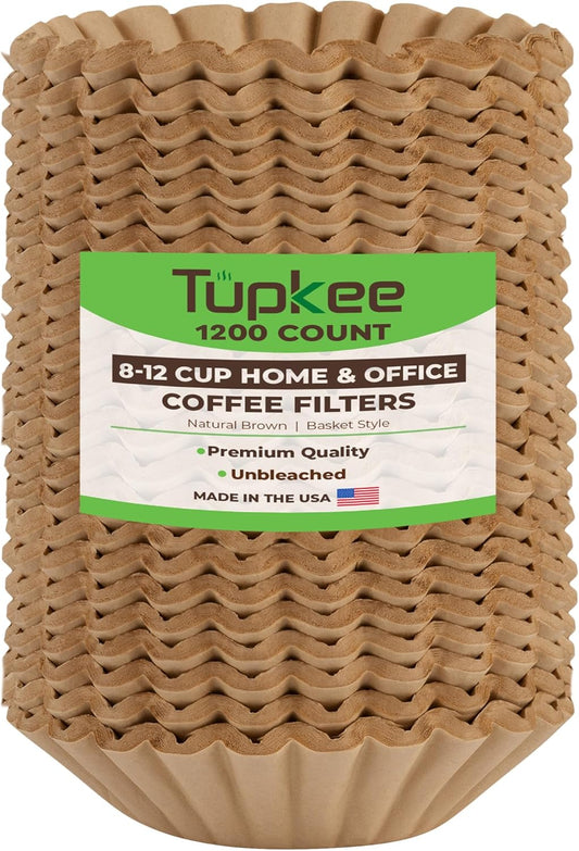 Tupkee Coffee Filters 8-12 Cups - 1200 Count, Basket Style, Natural Brown Unbleached Coffee Filter, Made in the USA