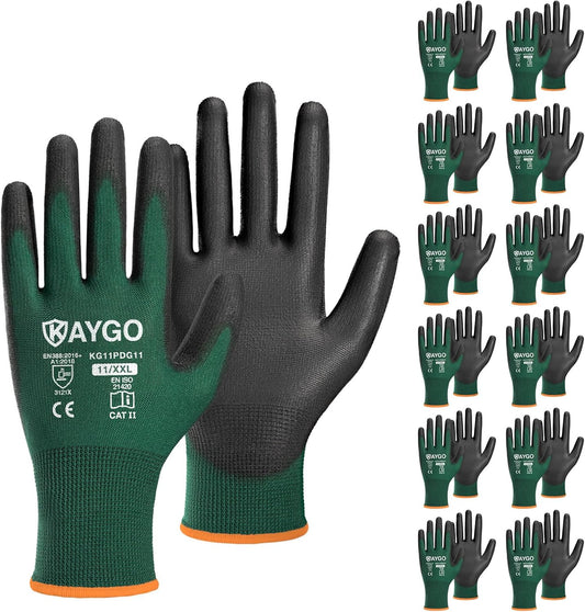 KAYGO Safety Work Gloves PU Coated,12 Pairs KG11PB Seamless Knit Glove for Men and Women, with Smooth Grip on Palm and Fingers, Ideal for General Duty Work (2X-Large,Dark Green)