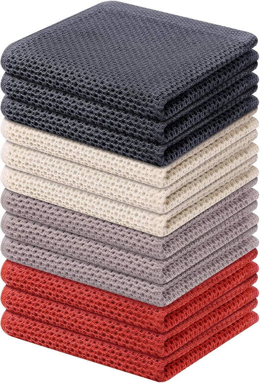 Kitinjoy 100% Cotton Kitchen Dish Cloths, 12 Pack Waffle Weave Ultra Soft Absorbent Dish Towels for Drying Dishes, Quick Drying Dish Rags, 12 X 12 Inch, Multicolor