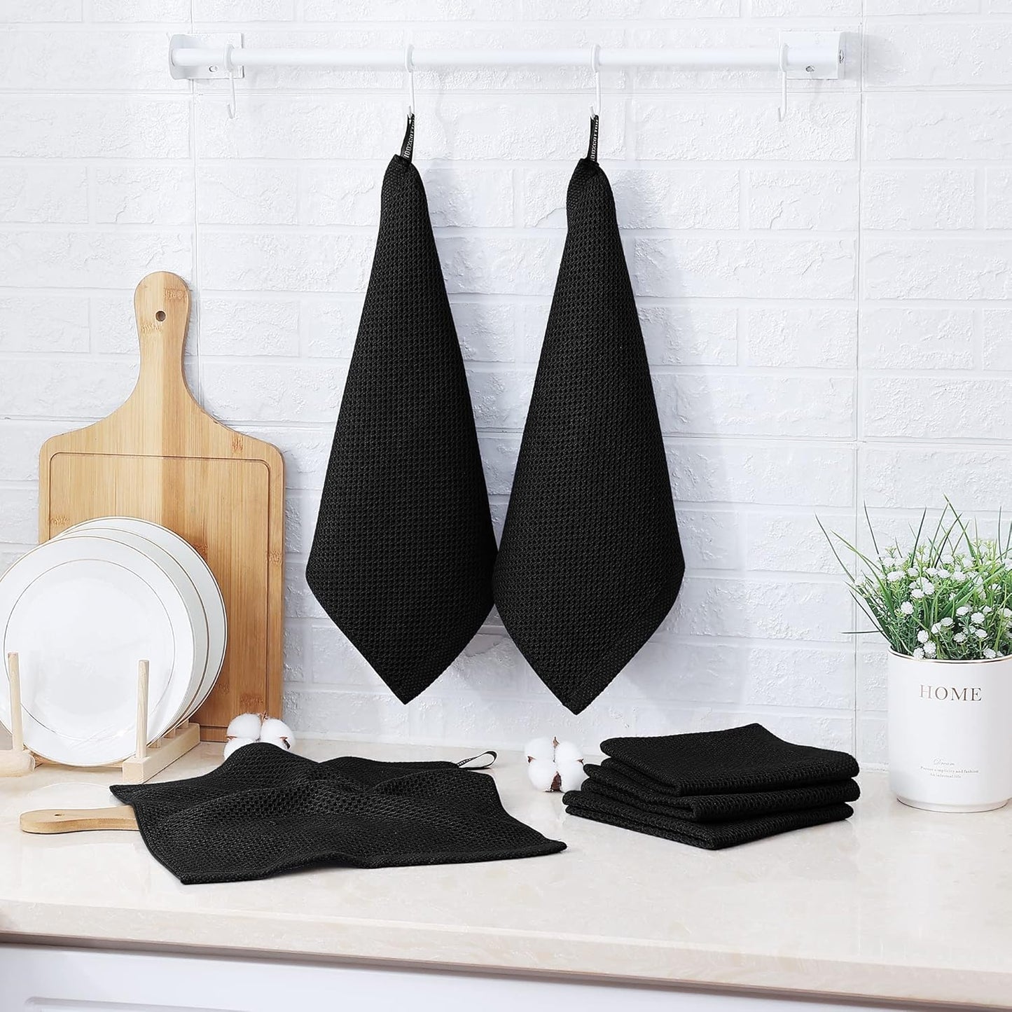 Kitinjoy 100% Cotton Kitchen Dish Cloths, 8 Pack Waffle Weave Ultra Soft Absorbent Dish Towels for Drying Dishes Quick Drying Kitchen Towels Dish Rags, 12 X 12Inch, Black