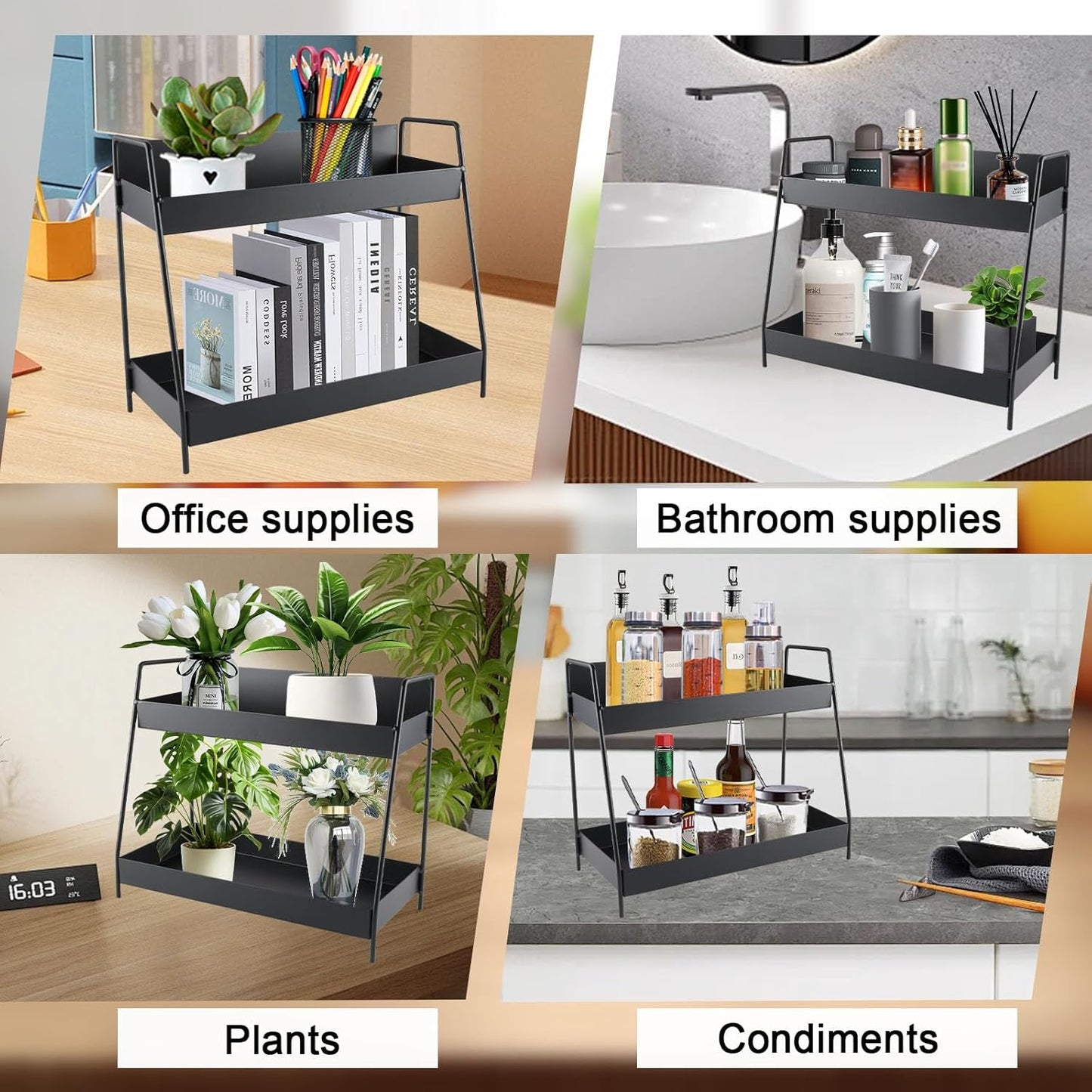 Countertop Coffee Bar Organizer,2 Tier Metal Coffee Pod Holder with Handles,Tea Bag Condiment Snack Organizer,Mug Holder for Kitchen,Bathroom,Office,Black