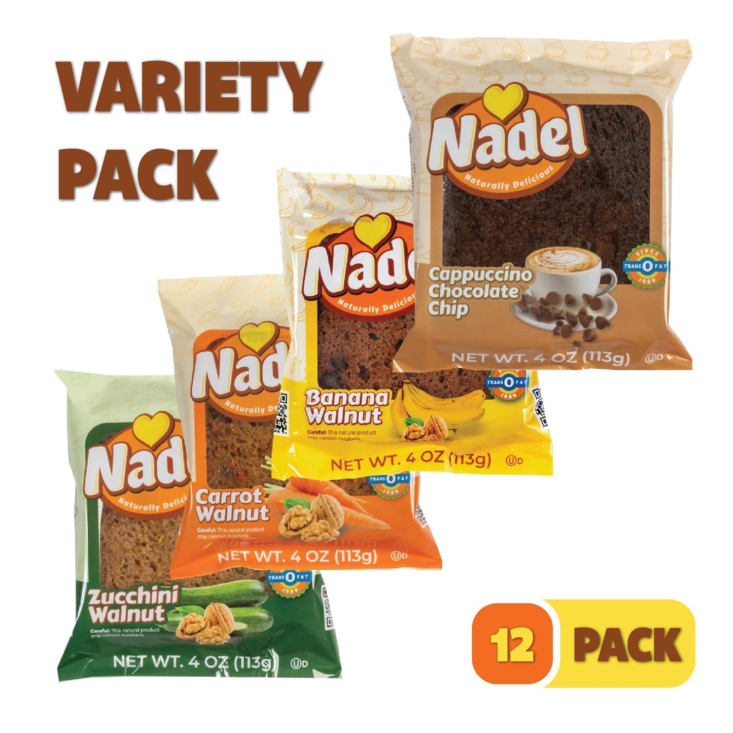 Nadel - Naturally Delicious Sweet Breads Variety Pack (Banana Walnut, Cappuccino Chocolate Chip, Carrot Walnut, Zucchini Walnut). (12 Pack, 3 Breads Per Flavor)