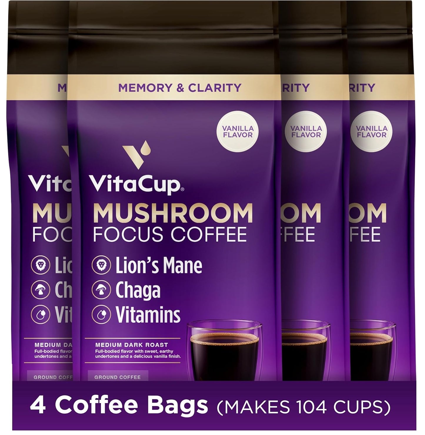 VitaCup Focus Mushroom Coffee Grounds, Vanilla Flavored Coffee with Lions Mane, Chaga, B Vitamins, D3, Boost Focus, Immunity, Memory & Clarity, Medium Dark Roast, 100% Arabica Specialty, 4 bags, 10oz each