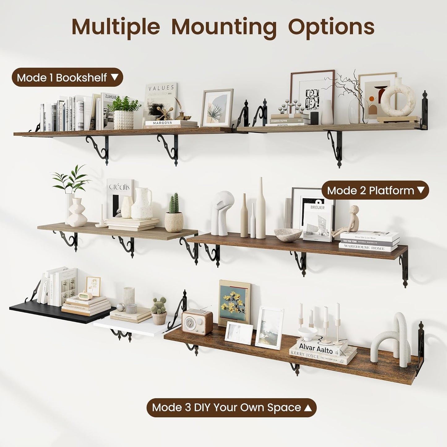 RICHFOCUS 12 Inch Deep Floating Shelves for Wall, 55" W x 12" D Wood Wall Shelves Set of 2, Wide Floating Shelves for Living Room, Bedroom, Kitchen, Bathroom and Decor Storage, Rustic Brown