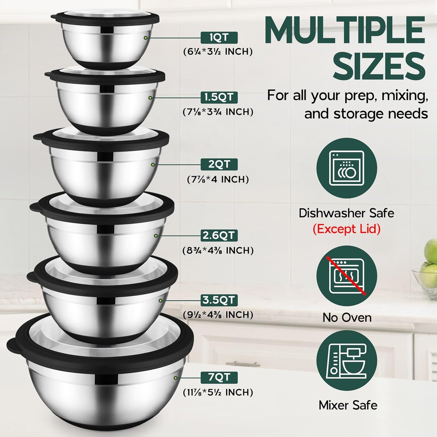 Mixing Bowls with Lids Set of 6 for Kitchen, Stainless Steel Metal Nesting Bowls with Non-Slip Bottom Black - Size 1, 1.5, 2, 2.6, 3.5, 7QT