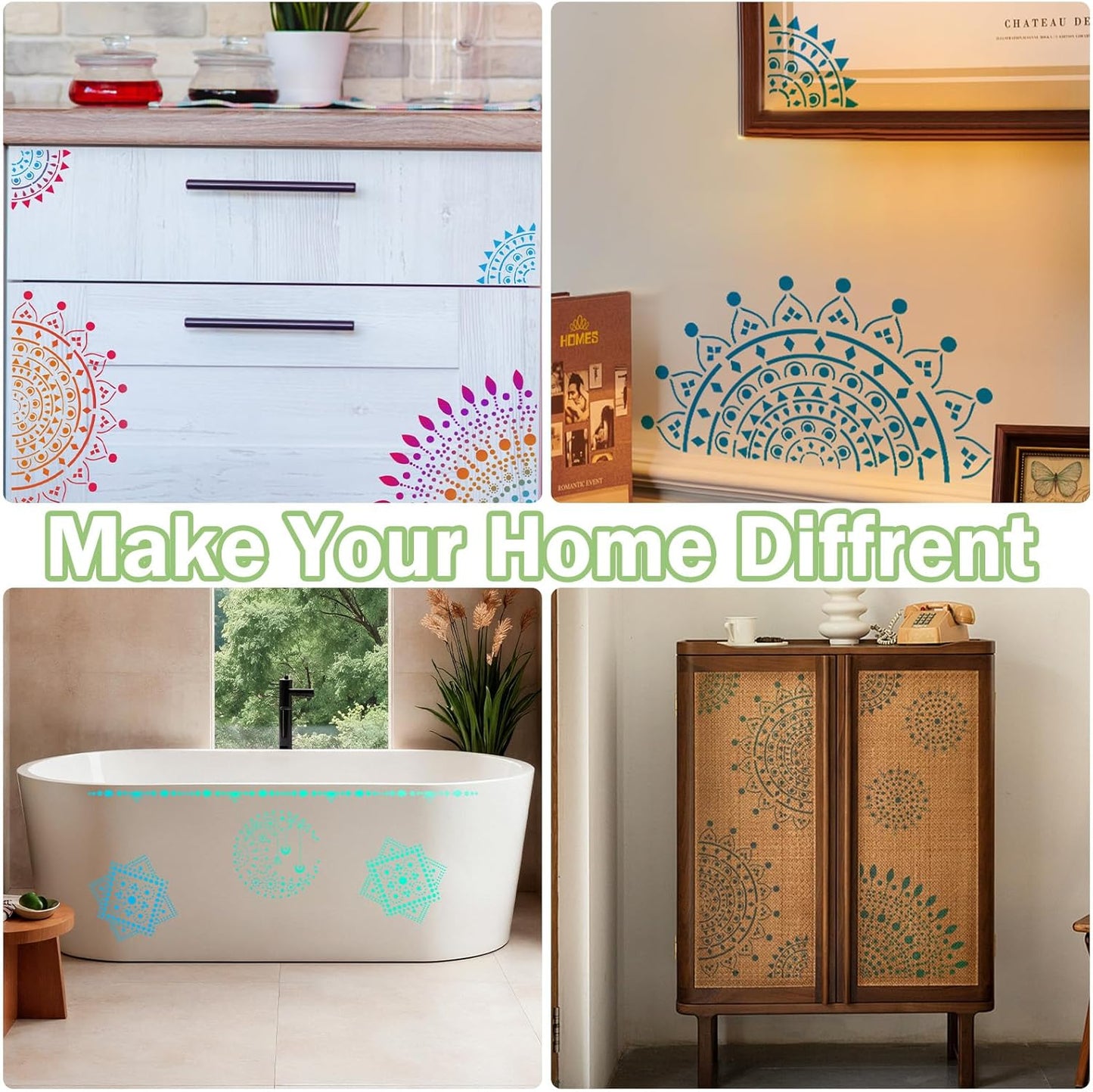 A4 Mandala 4 Pack 11x8'' Mandala Stencils for Painting on Wood, Floor, Wall, Tile Fabric, Reusable Furniture Stencils Painting Template