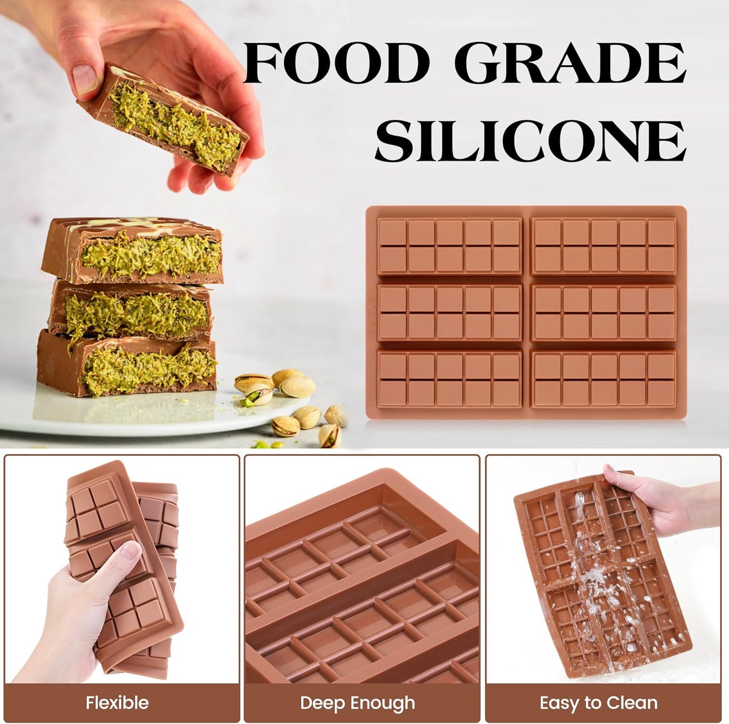 1 Pc Chocolate Bar Mold Deep Dubai Stuffed Silicone Molds for Filling Knafeh Pistachio Chocolate Bar and Wax Melts Rectangle Thick Candy Bar Molds Break Apart (10 Snap）