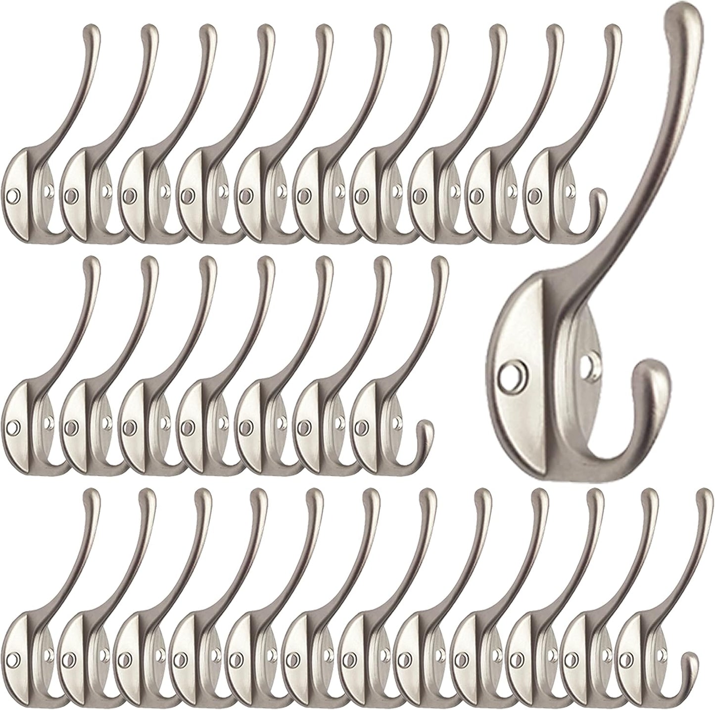 IBosins 30 Pack Heavy Duty Dual Coat Hooks Wall Mounted with 60 Screws Retro Double Hooks Utility Silvery Hooks for Coat, Scarf, Bag, Towel, Key, Cap, Cup, Hat
