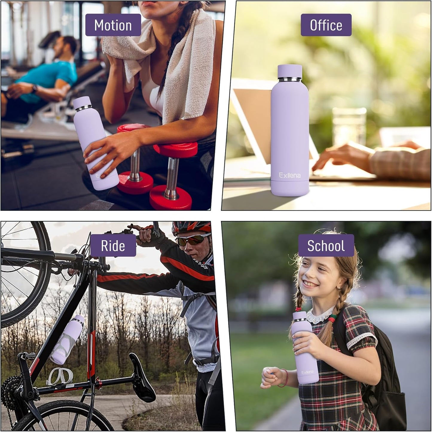 Slim Insulated Water Bottles for Travel 18oz with Clip, Double Wall Vacuum Stainless Steel Water Bottle Keeps Drinks Cold 24 Hrs/Hot 12 Hrs, 100% Leakproof, BPA Free(Purple)