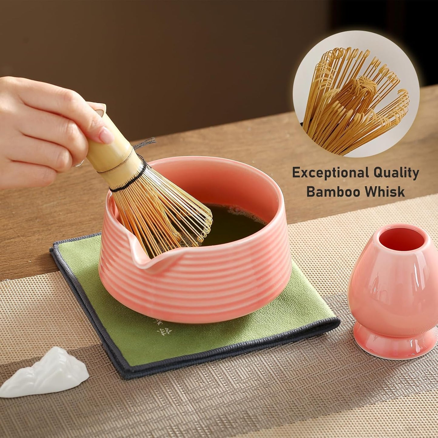 Matcha Whisk Set, Ceramic Matcha Set with Spout, Matcha Bowl Kit with Sifter, Whisk and Holder, Bamboo Scoop, Scoop Rest, Tea Towel, 7 Pcs Matcha Kit Set for Making Breakfast/Latte for Matcha Lovers