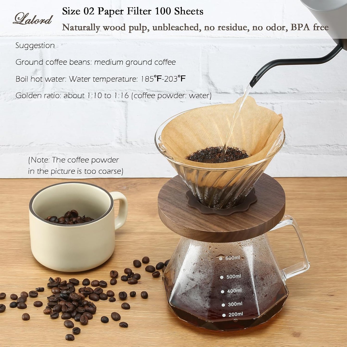 Pour Over Coffee Dripper with 100 pcs Size 02 Paper Filter, Walnut Handle and Borosilicate Glass, Glass Coffee Dripper, Hold for 1-4 Cups