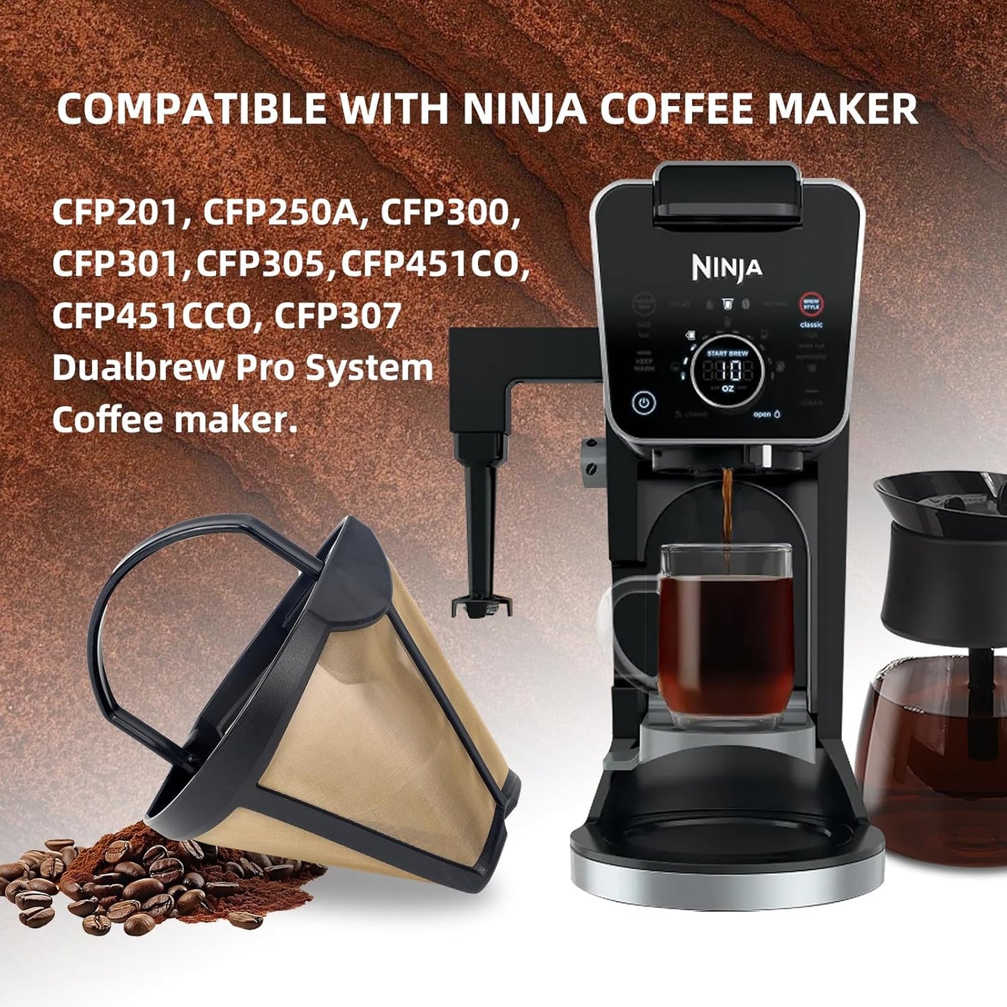 Coffee Permanent Filter for Ninja CFP Dual Brew Models, Reusable Gold Tone Coffee Filter Basket Compatible with Ninja Coffee Makers CFP201 CFP300 CFP301 CFP305 CFP307 (1 Pack)