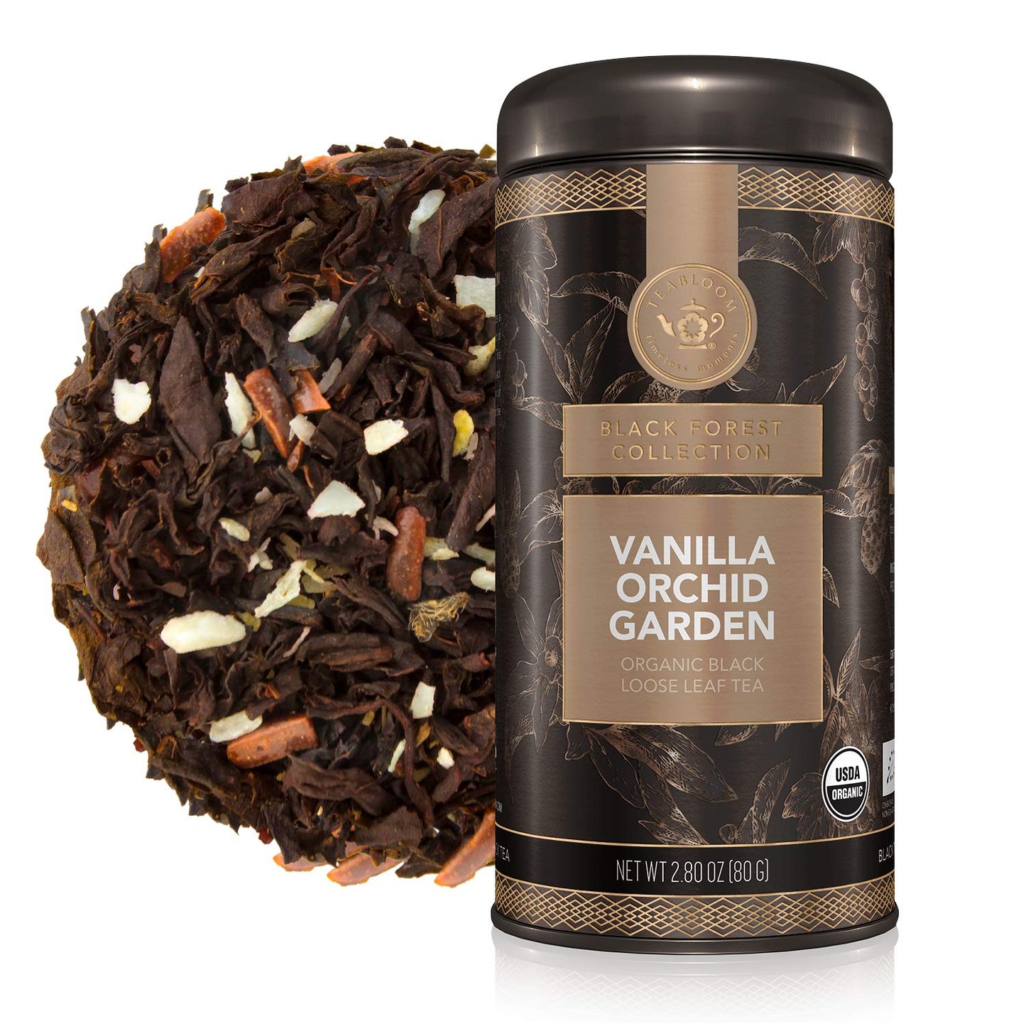 Teabloom Organic Black Tea, Vanilla Orchid Garden Loose Leaf Tea, USDA Certified Organic and Kosher Certified, 2.80 Ounce Canister Makes 35-50 Cups