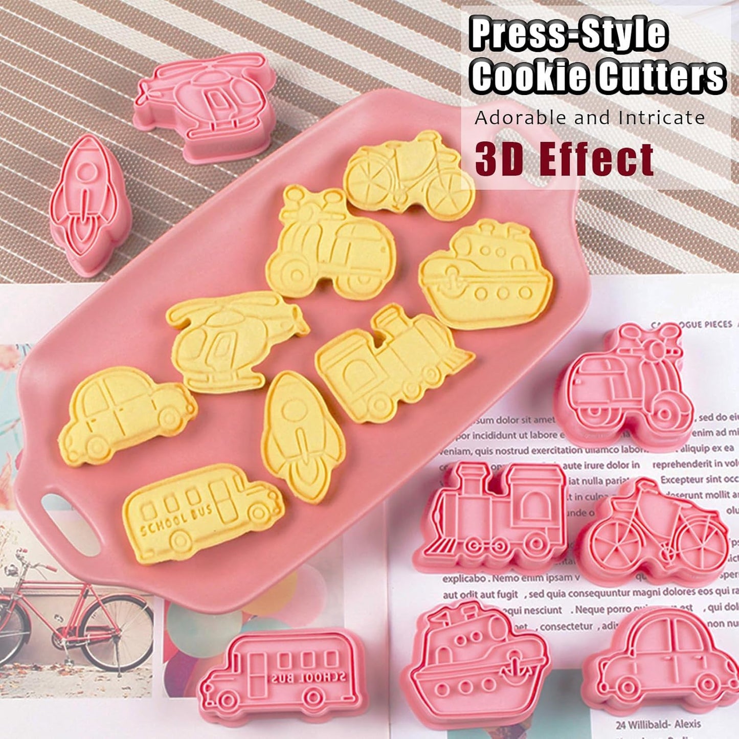 8 Pcs Transportation Vehicle Cookie Cutters Set Baking Molds 3D Transportation Vehicle Press type Cookie Cutter for Baking, Fondant, Cheese, and Pastries
