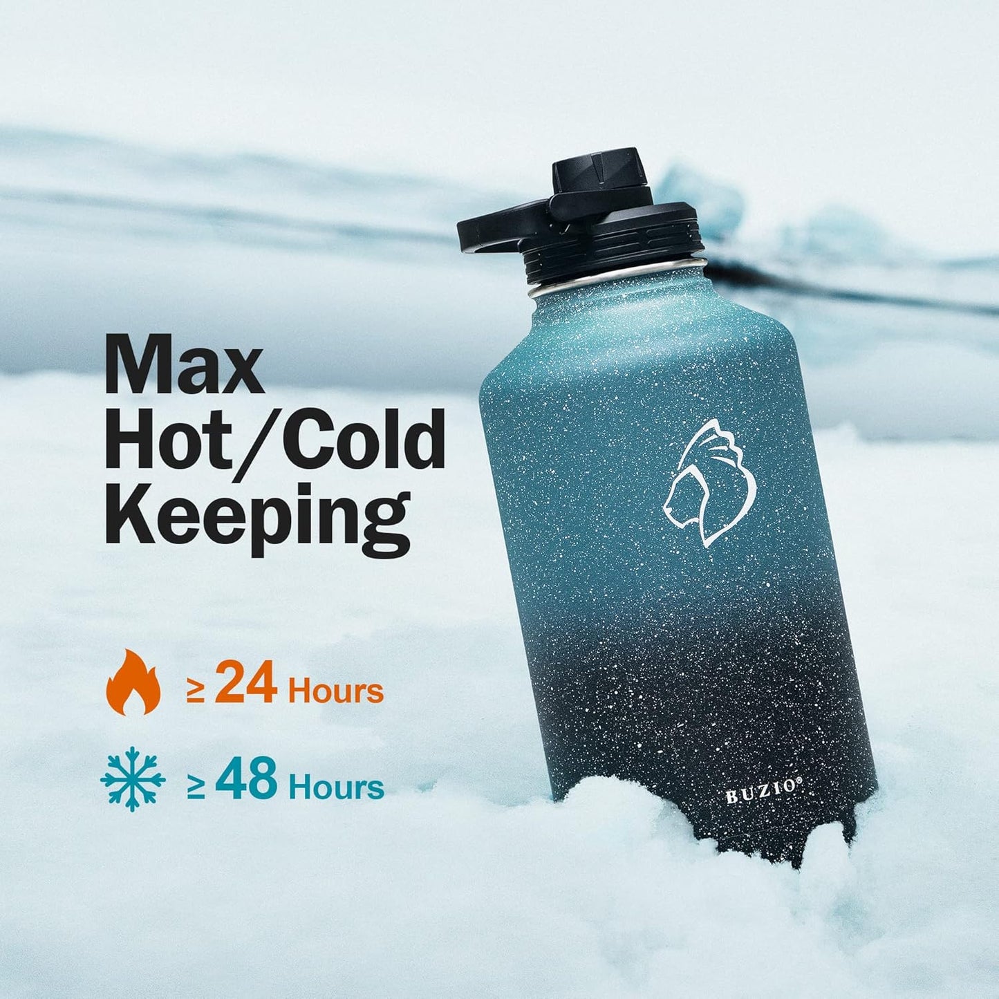 BUZIO 64 oz Water Bottle Insulated with Straw & 3 lid and Carrying Pouch, Leak Proof Half Gallon Stainless Steel Water Flask Jug, Cold for 48 Hrs Double Vacuum Thermo Canteen, BPA-Free, Starry Indigo