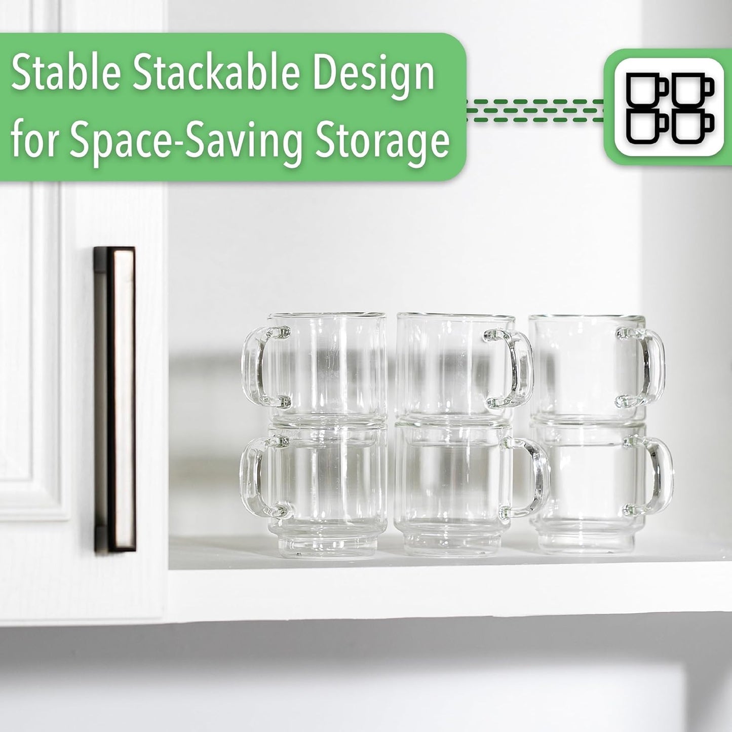 BTaT - Stackable Espresso & Demitasse Glass Coffee Cups, Set of 6 (2.0 oz, 60 ml), Double Wall, Clear