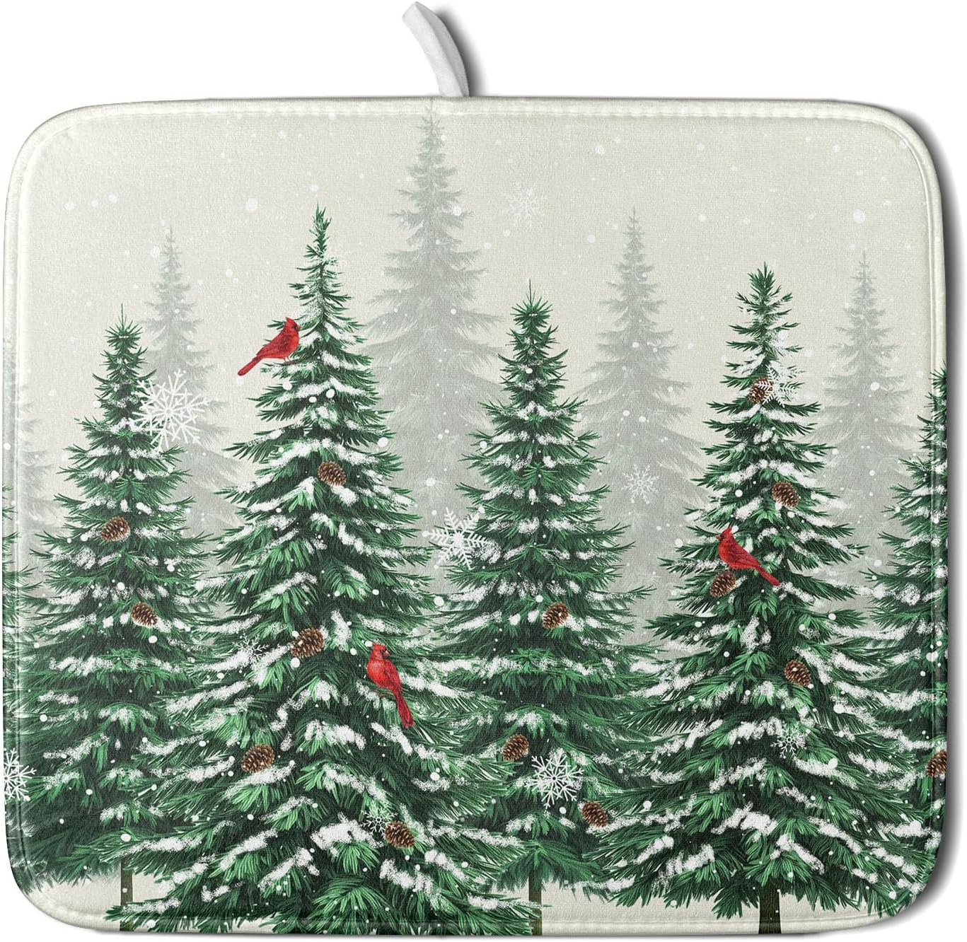 Winter Green Pine Tree Dish Drying Mat for Kitchen Counter,Red Bird Snowflake Drying Mat 16 x 18 Inch with High Absorbent Microfiber Drainer Mat for Coffee Bar