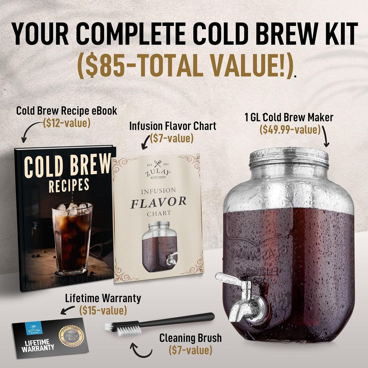 Zulay Kitchen 1 Gallon Cold Brew Coffee Maker – Thick Glass Pitcher with Stainless Steel Filter, Lid & Spout – Large Mason Jar Container Dispenser - Iced Coffee & Sun Tea Brewer for Fridge – Silver