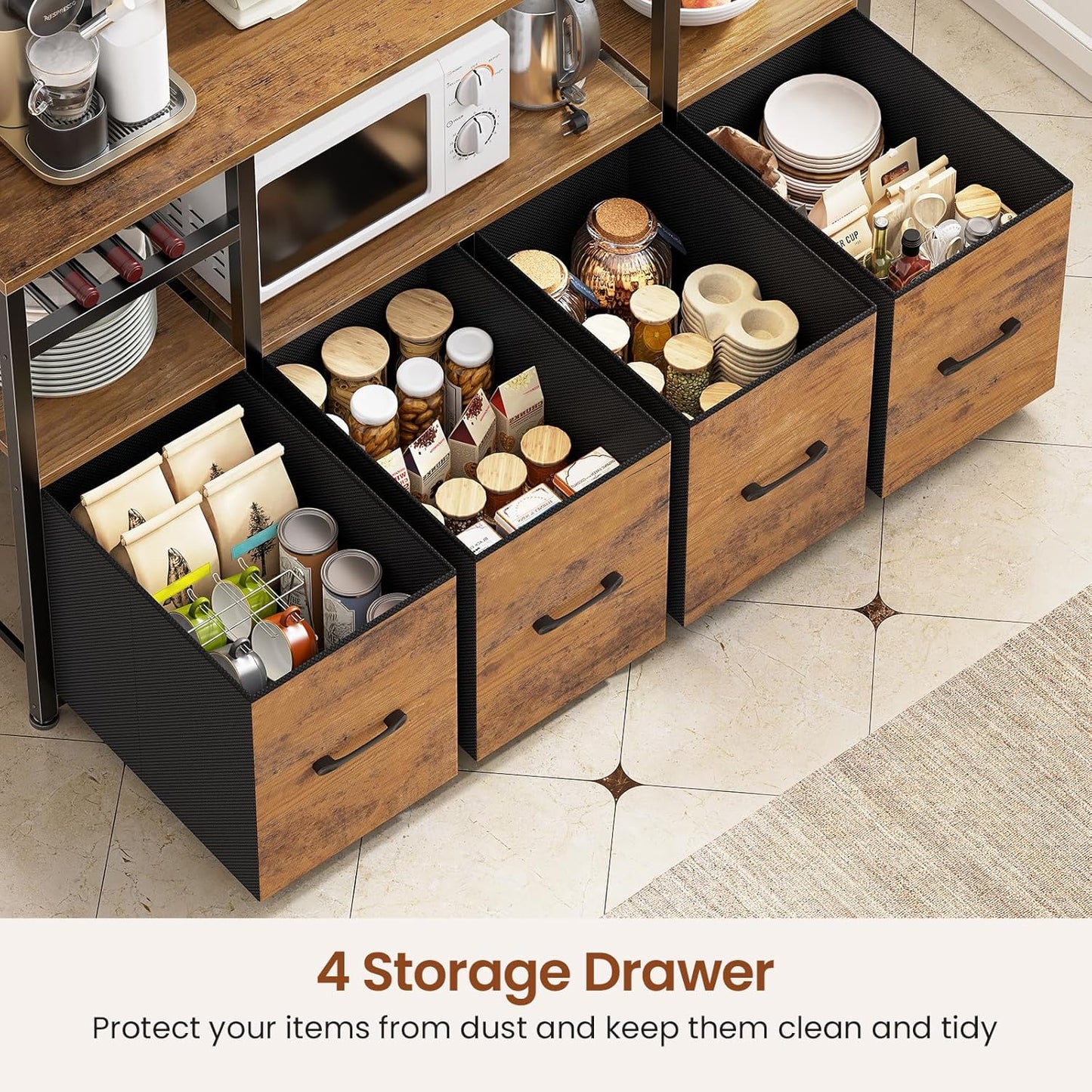 Itaar Bakers Rack with Power Outlet and LED Light, 47.2'' Microwave Stand with Storage, Kitchen Coffee Bar Cabinet with Glass Door, 4 Drawer, Wine Rack, Goblet Holder and 12 Hooks, Rustic Brown