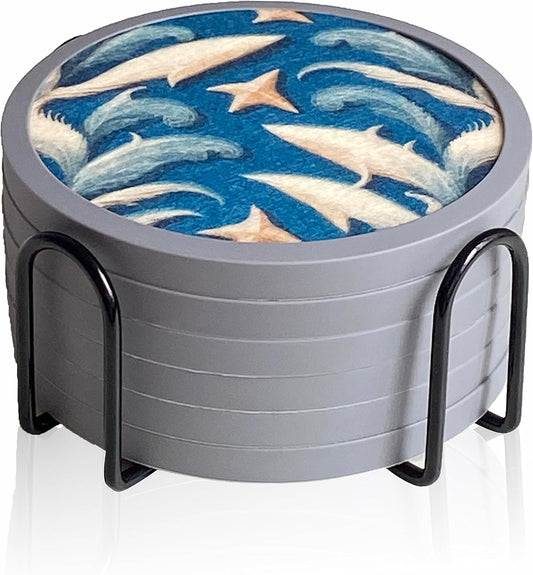 Absorbent Coasters for Drinks with Holder - 6packs, Silicone Coastes with Soft Felt Insert (4.3 inch Coasters with 4.5 inch Holder, Dual-Sided Ocean -Themed Patterns)