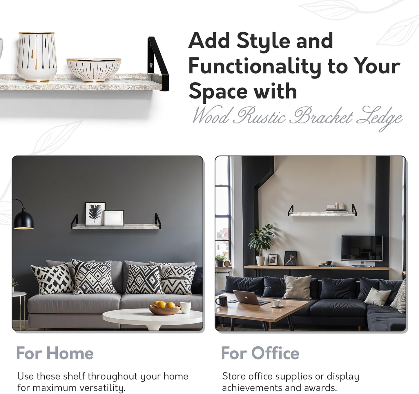 InPlace Shelving, 9602096E, Wall Mounted Real Wood Rustic Bracket Ledge, 24 Inch x 5 Inch x 6.1 Inch, Distressed White