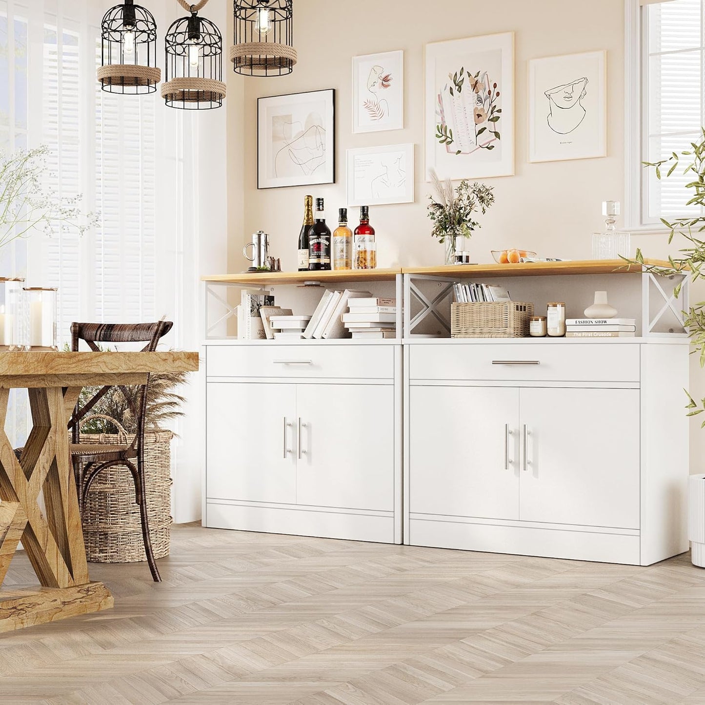 Vongrasig Sideboard Buffet Cabinet with Storage, 32” Modern Kitchen Storage Cabinet with Open Storage, Adjustable Shelf, Wood Farmhouse Coffee Bar Buffet Table for Kitchen, Dining Room, White