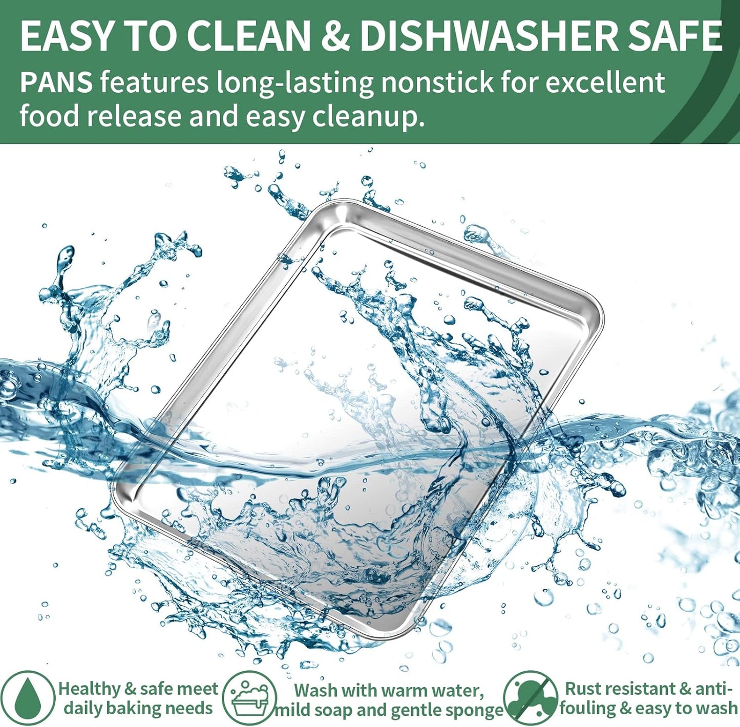 Baking Sheets Set of 2, HKJ Chef Cookie Sheets 2 Pieces & Stainless Steel Baking Pans & Toaster Oven Tray Pans, Rectangle Size 12.5Lx10Wx1H inch & Non Toxic & Healthy & Easy Clean