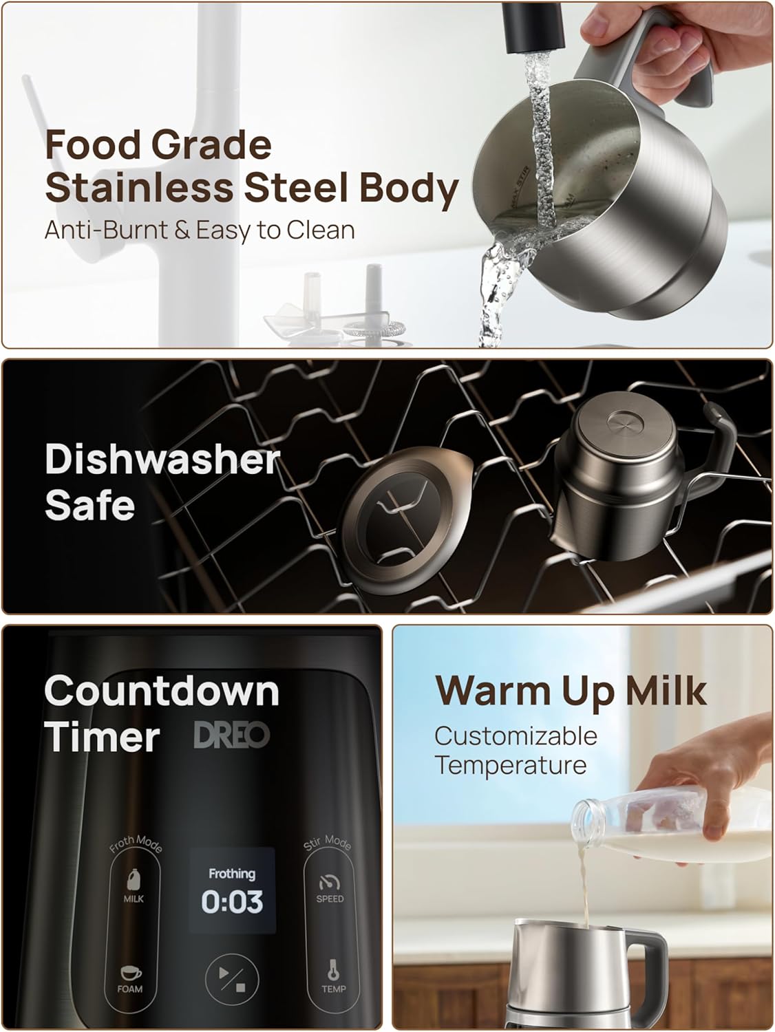 Dreo All-in-1 BaristaMaker Milk Frother, Electric Foam Frother for Latte Art Microfoam and Coffee, 15oz/450ml Automatic Milk Warmer with 30 Drinks, Dishwasher Safe, Dairy/Plant-Based Milk