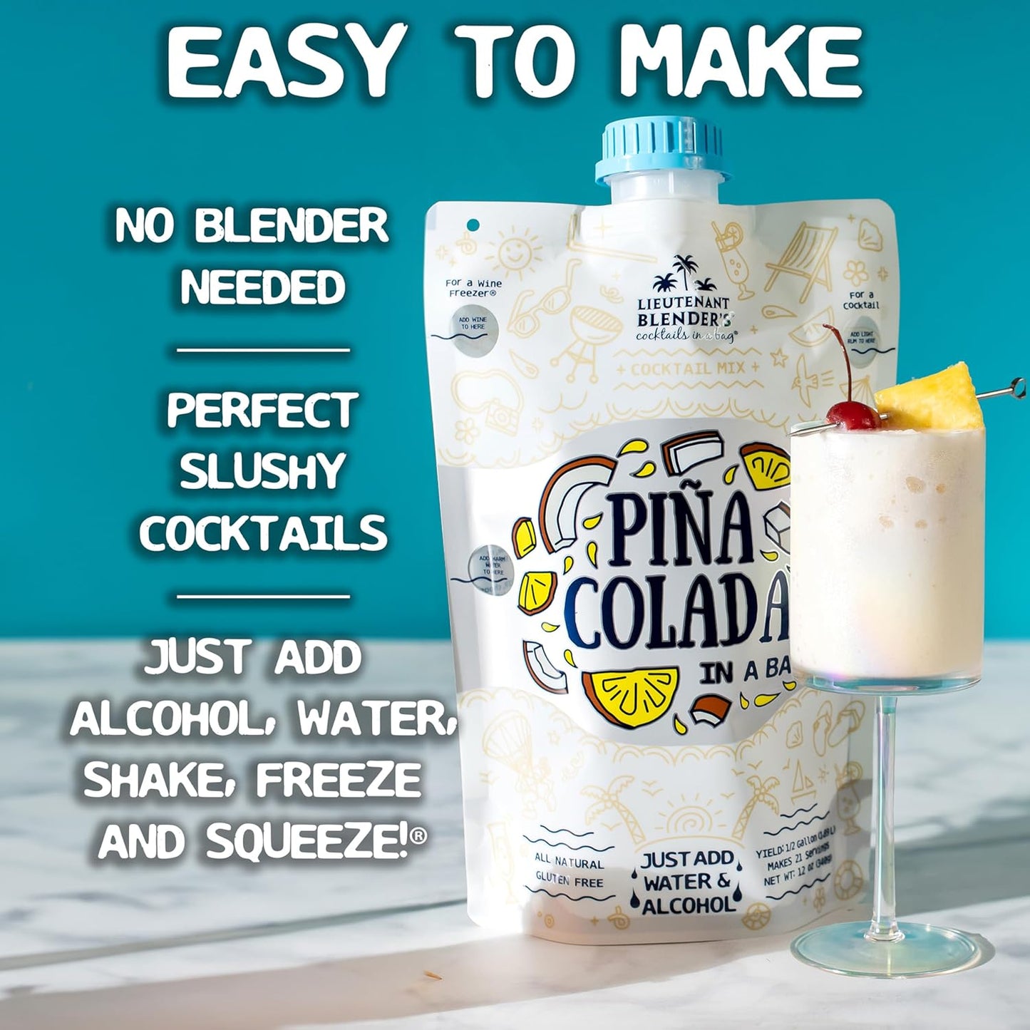 Lt. Blender's Pina Colada in a Bag – Pina Colada Drink Mix - Each Bag Makes 1/2 Gallon of Slushie Pina Coladas – Cocktail Mix - Make a Cocktail, Wine Slushie or Mocktail - (Pack of 5)