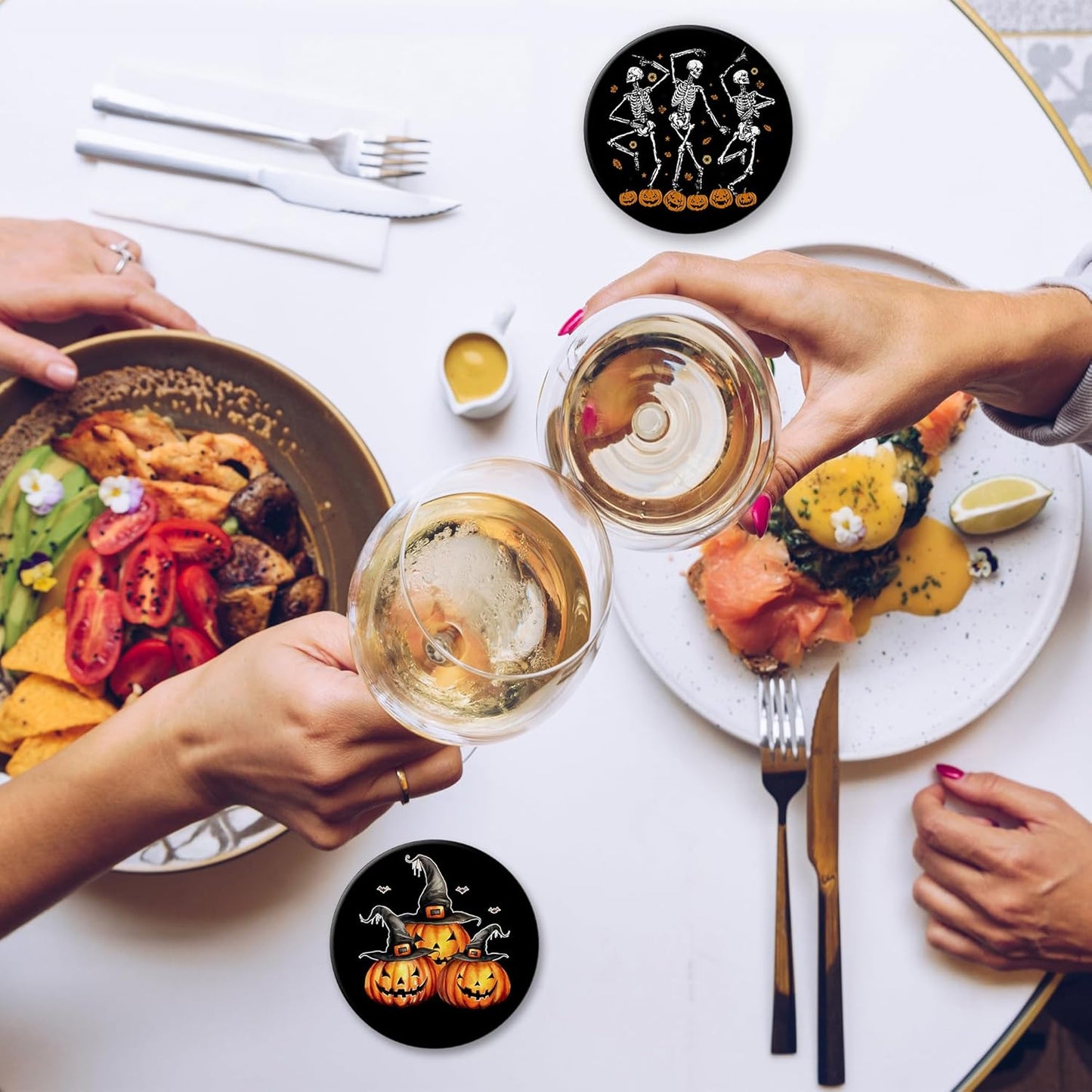 Coaster for Drinks Set of 6, Halloween Skeleton Skull Pumpkin Absorbing Round Ceramic Stone Coaster with Cork Base,Tabletop Protection Mat for Mugs and Cups,Coffee Table Wine Glass Home Bar 4 Inch