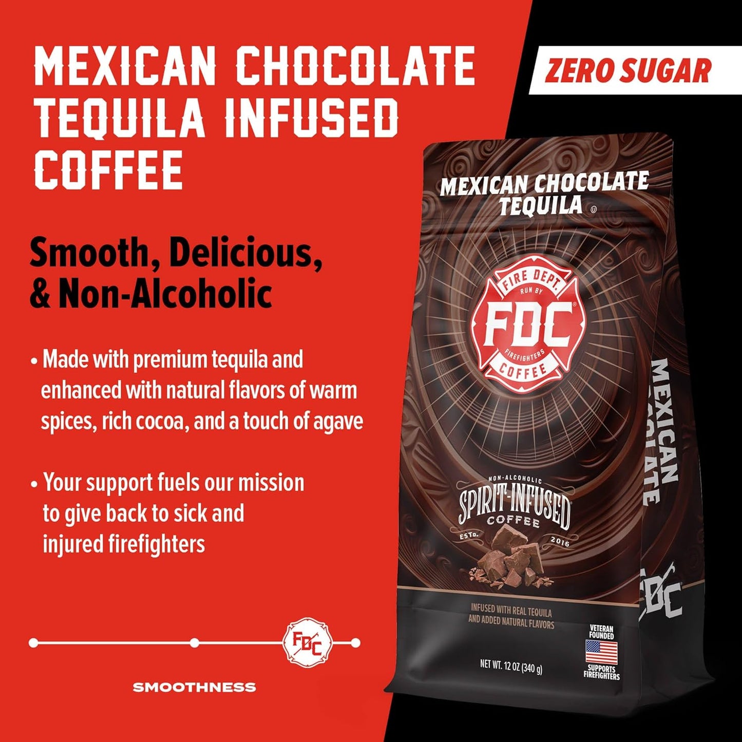 Fire Department Coffee - Gives Back to Firefighters - Mexican Chocolate Tequila Infused Ground Coffee - Medium Roast - Non-Alcoholic - Roasted in the USA - Veteran Owned - 12 oz