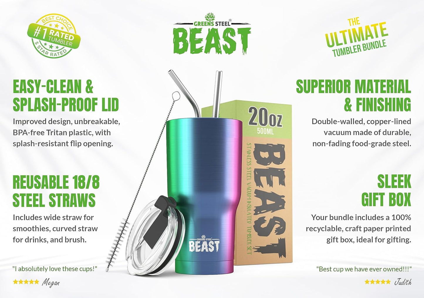 Beast 20 oz Tumbler Stainless Steel Vacuum Insulated Coffee Ice Cup Double Wall Travel Flask (Rainbow)