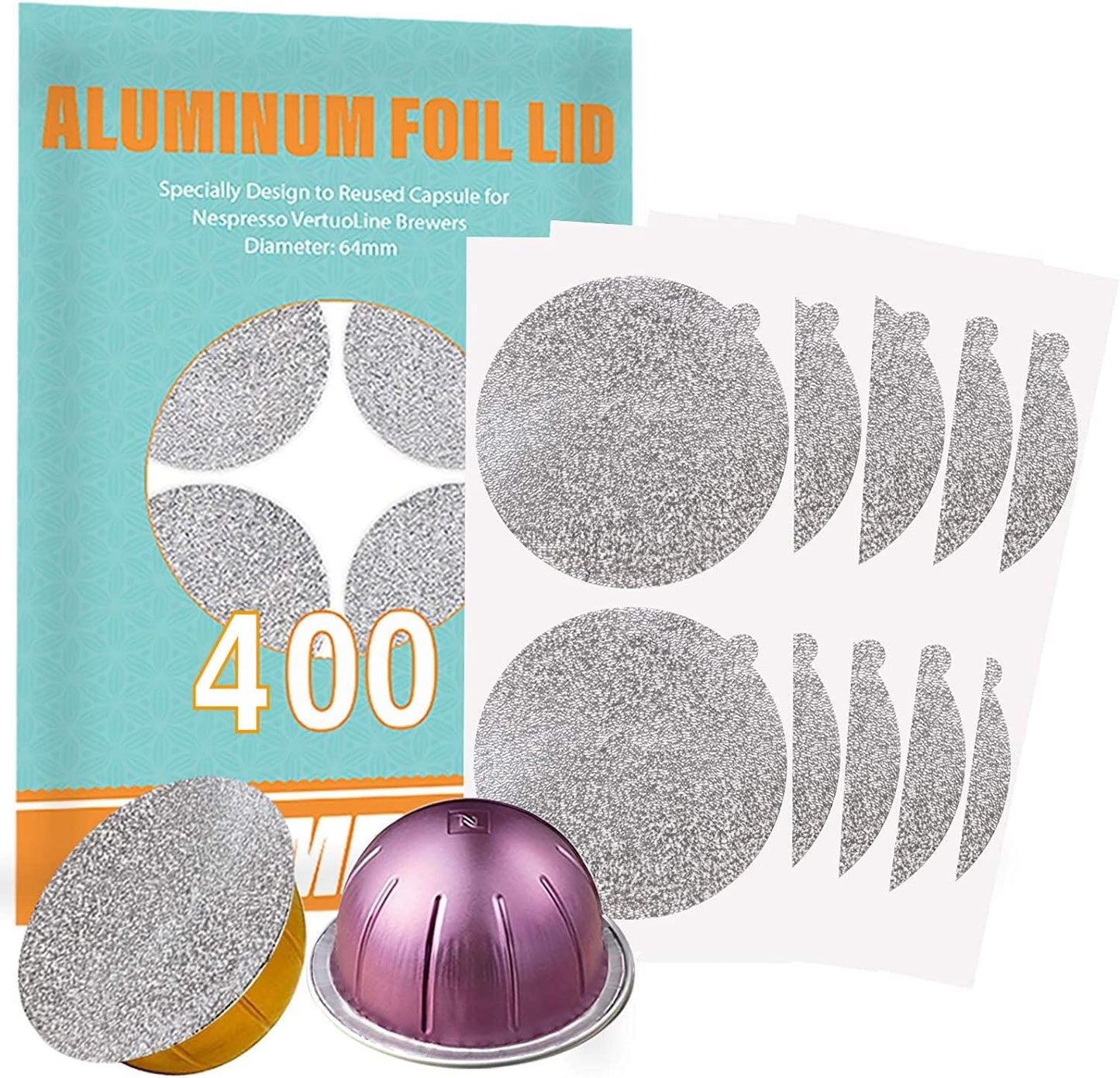 CAPMESSO Aluminum Foils Lids to Reuse Vertuoline Capsules Coffee Pods Compatible with Nespresso VertuoLine Machine 64mm(400/package)