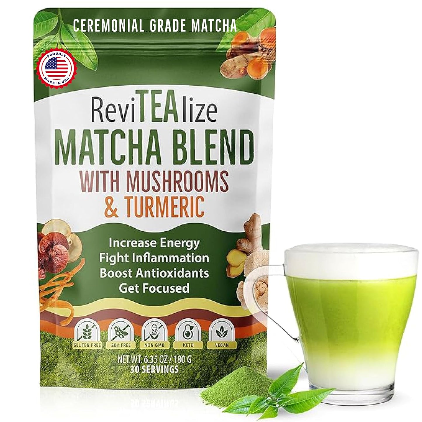 ReviTEAlize Organic Matcha Mushroom Powder - Organic Ceremonial Grade Blend - Coffee Alternative - Latte (30 Servings)