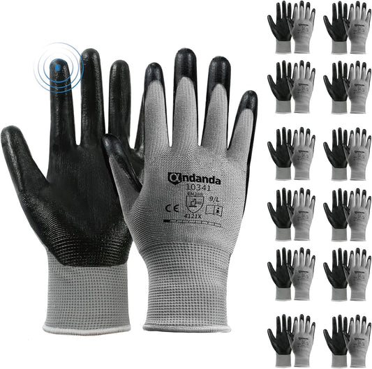 ANDANDA Smart Touch Work Gloves - 12 Pairs, 3D Comfort Stretch Fit, Nitrile Coated with Grip, Seamless Knit Nylon, Suitable for Warehousing, Logistics, Handling, Black (S)