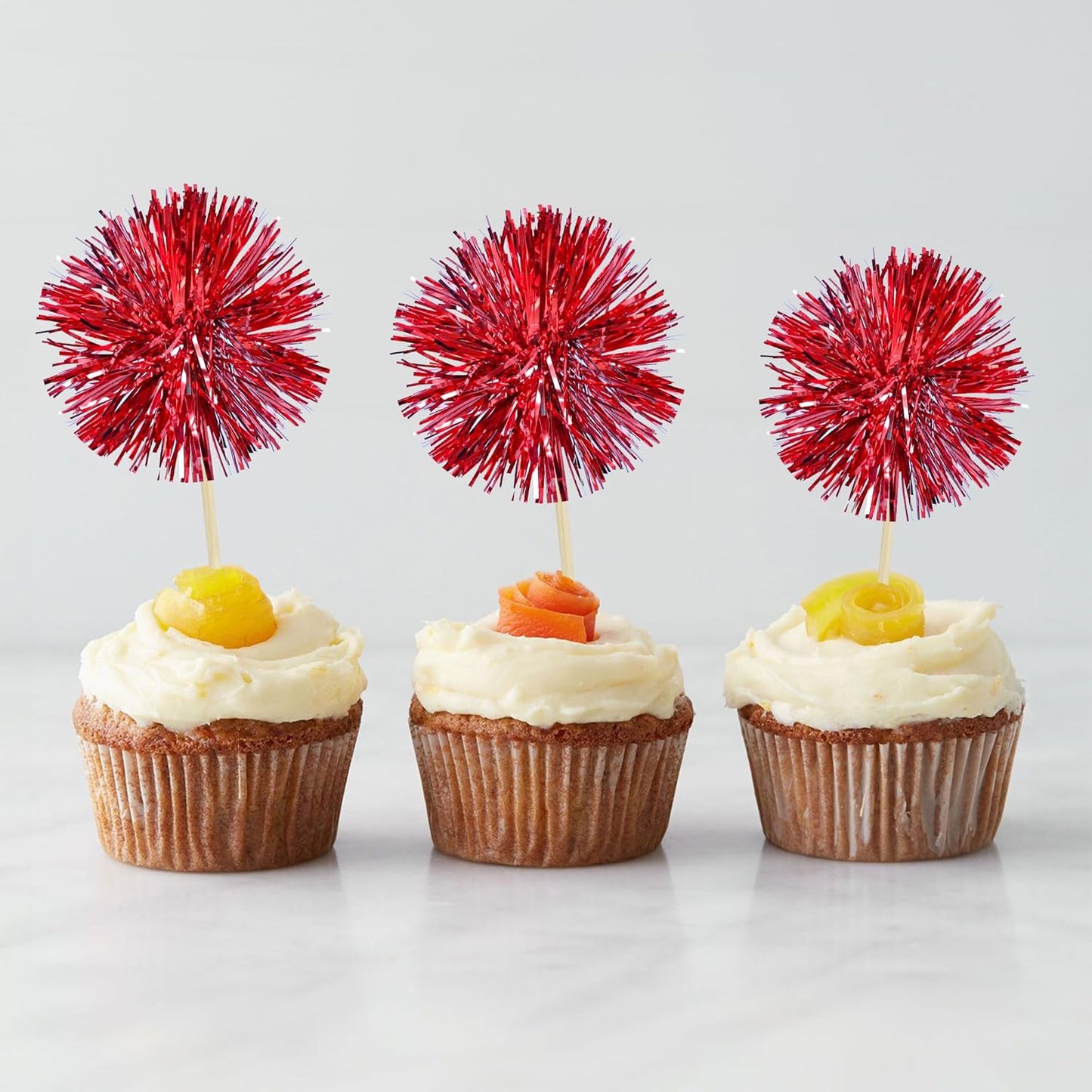 Gyufise 30Pcs Foil Firework Cupcake Toppers Sparkle Tinsel Cake Toppers Tinsel Drink Cake Decoration Cocktail Picks for Birthday Wedding Graduation Party Supplies Dark Red