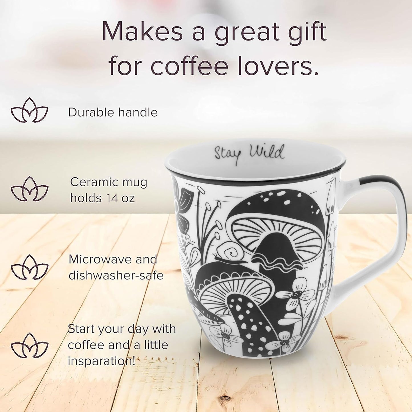 Karma Gifts 14 oz Black and White Boho Mug Mushroom - Cute Coffee and Tea Mug - Ceramic Coffee Mugs for Women and Men